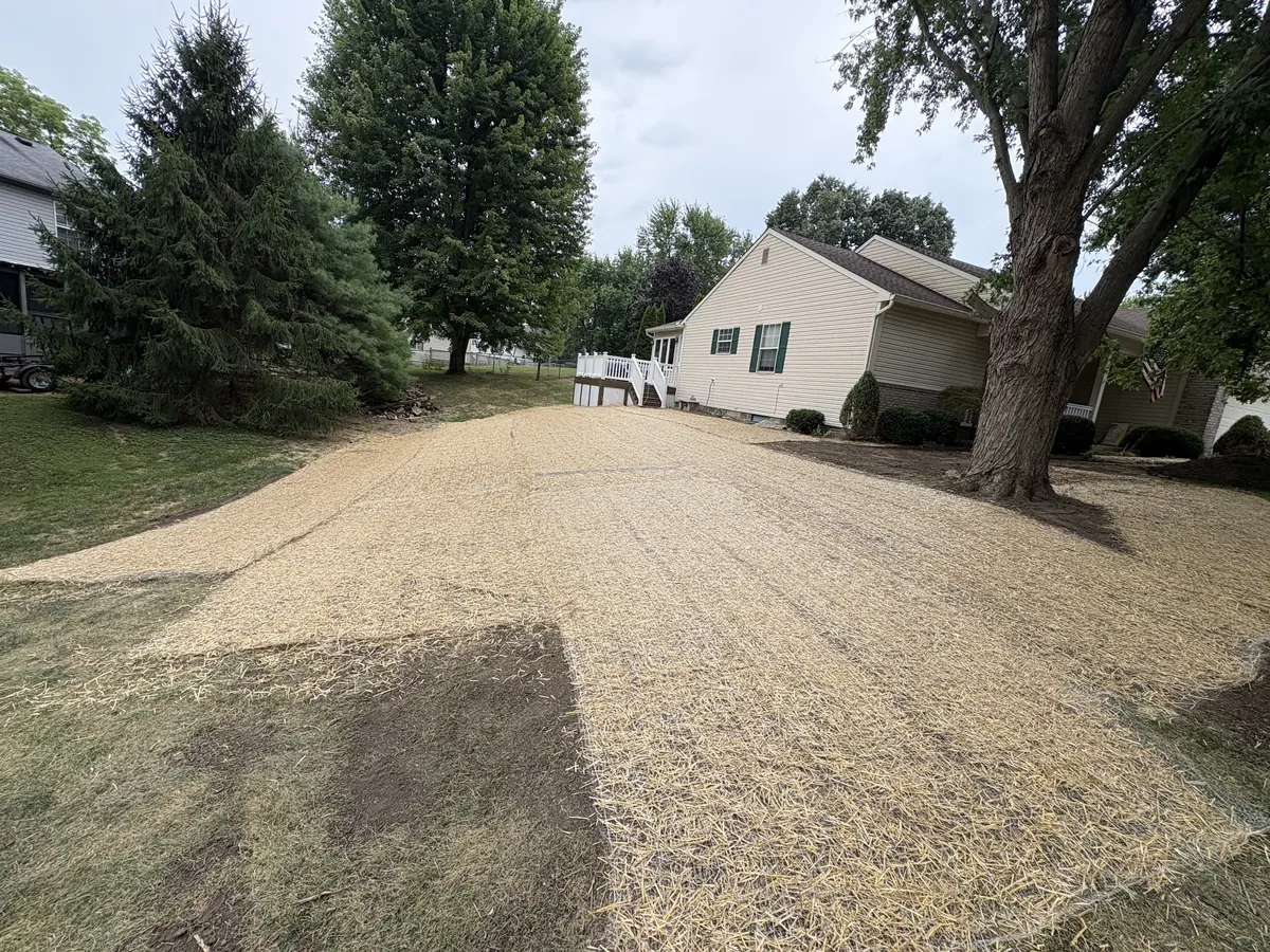 A yard graded, seeded and strawed.